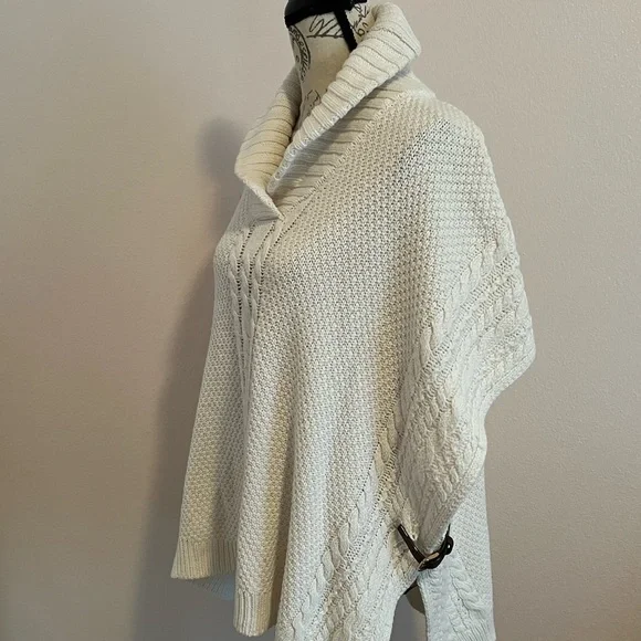 Talbots winter white poncho style sweater, like new, brown buckle trim, - Picture 6 of 8